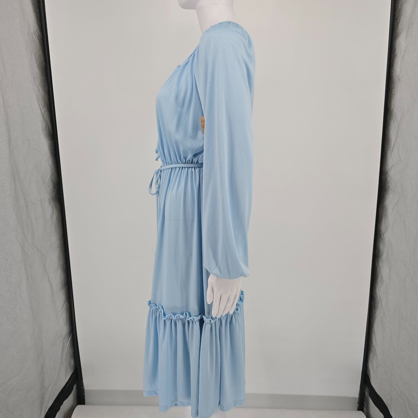 Vintage 1970s Light Blue Elastic Waist Blouson Sleeve Peasant Dress (M)