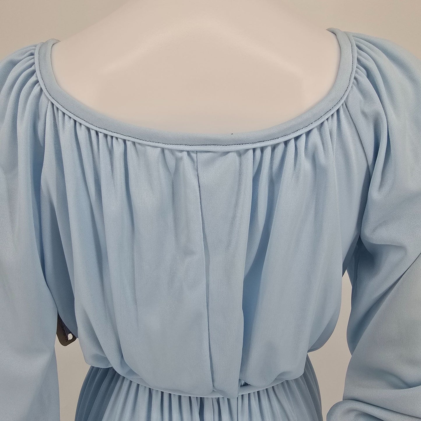 Vintage 1970s Light Blue Elastic Waist Blouson Sleeve Peasant Dress (M)