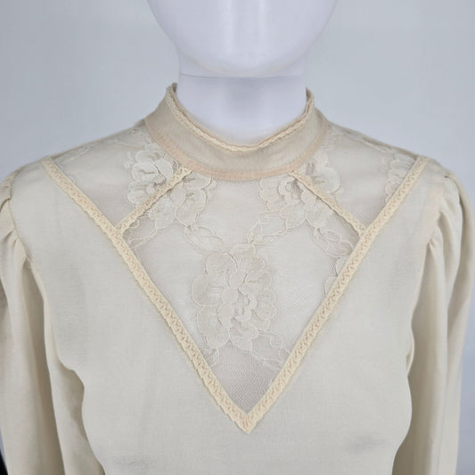 Vintage 1970s Patty's Closet Lace Yoke Semi-Sheer Victorian/Prairie Blouse (M)