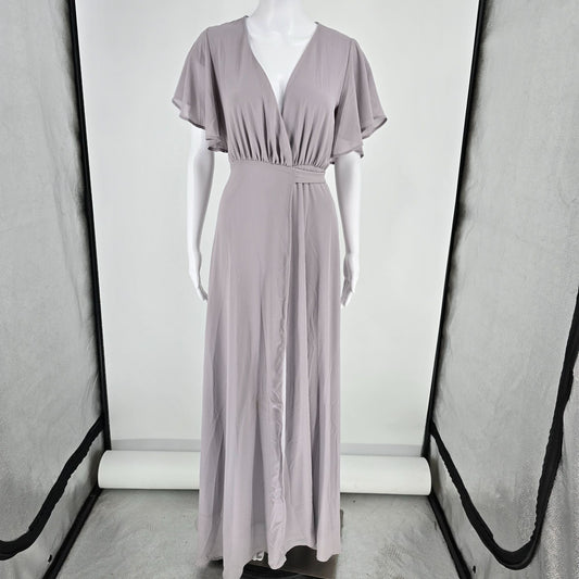 2010s Dusty Lavender Flutter Sleeve Full-Length Waist-Tie Maxi Wrap Dress (S/M)