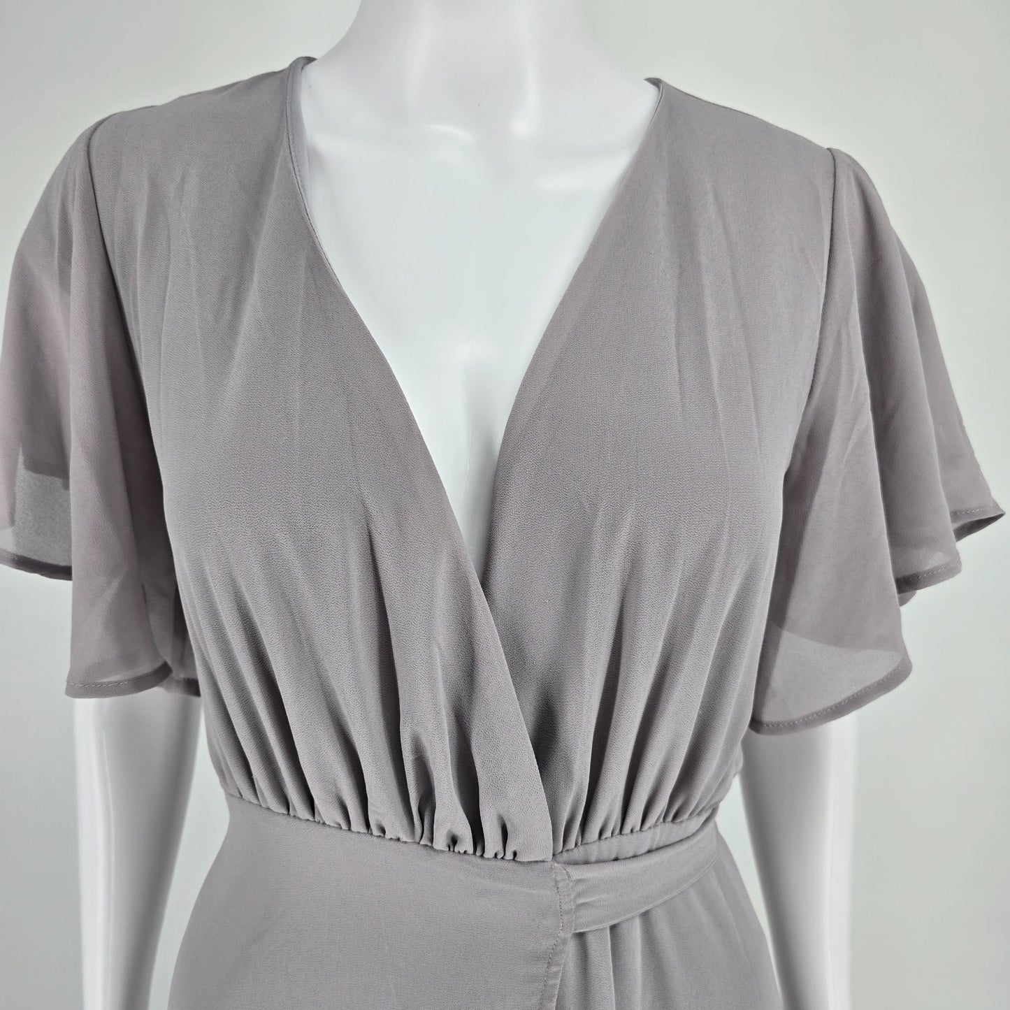 2010s Dusty Lavender Flutter Sleeve Full-Length Waist-Tie Maxi Wrap Dress (S/M)