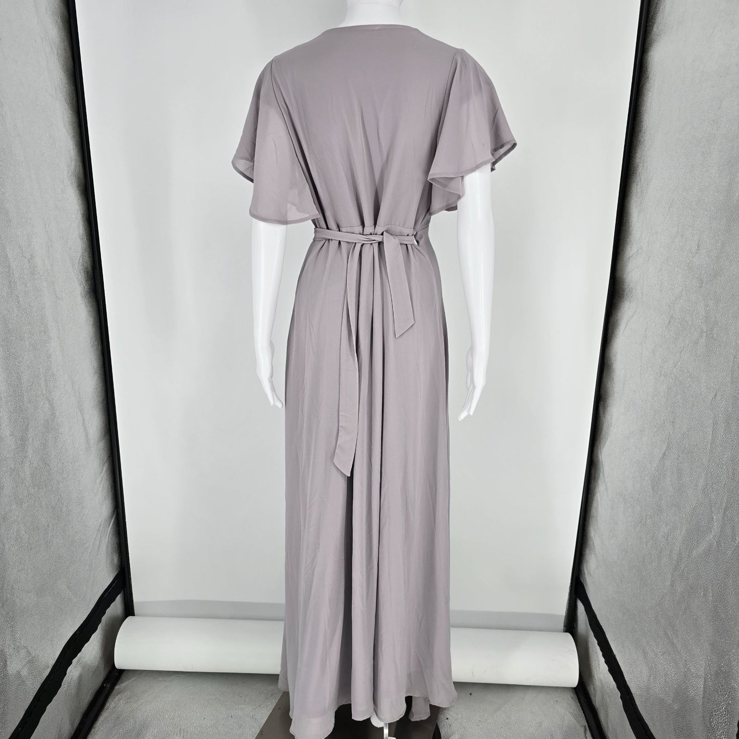 2010s Dusty Lavender Flutter Sleeve Full-Length Waist-Tie Maxi Wrap Dress (S/M)