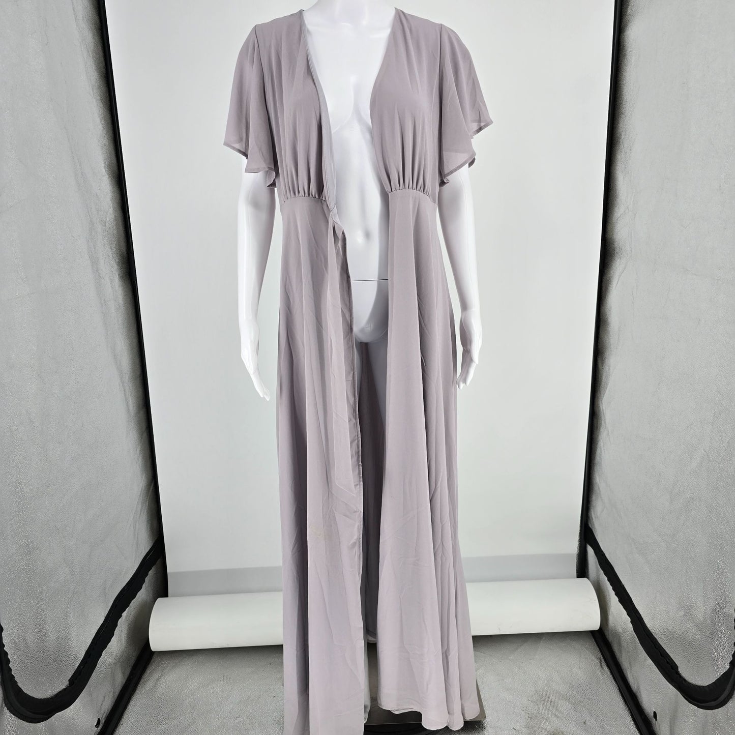 2010s Dusty Lavender Flutter Sleeve Full-Length Waist-Tie Maxi Wrap Dress (S/M)