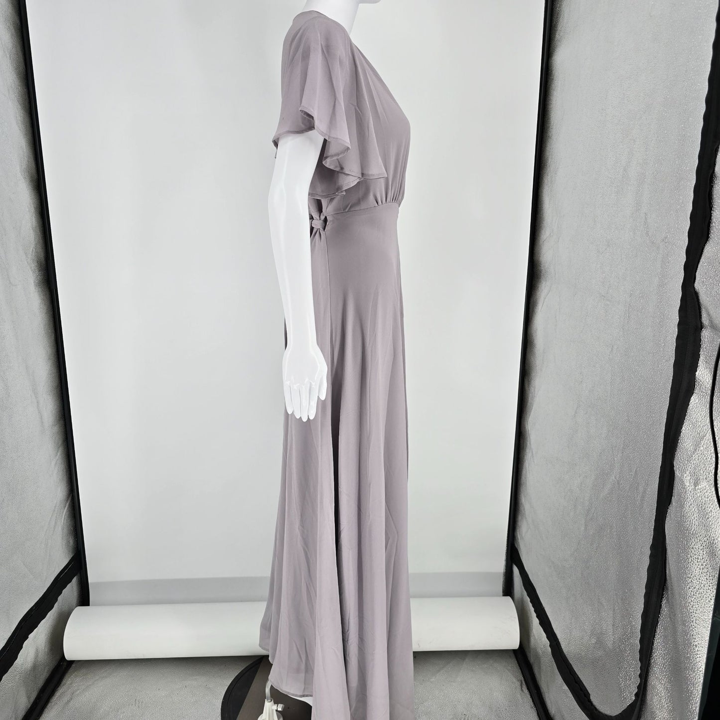 2010s Dusty Lavender Flutter Sleeve Full-Length Waist-Tie Maxi Wrap Dress (S/M)
