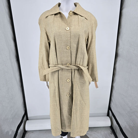 Vintage Early 1970s Beige Linen-Look Belted Coat w/ Botanical Print Lining (L)