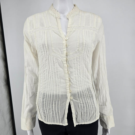 Distressed Vintage Y2K Cream Pintuck Pleated Lace Trim Boho/Victorian Blouse (M)