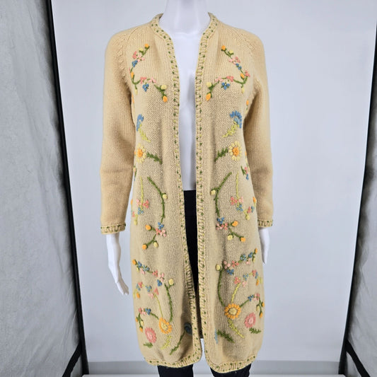 Vintage 1970s Nat Allen Women's Virgin Wool Hand Embroidered Floral Cardigan