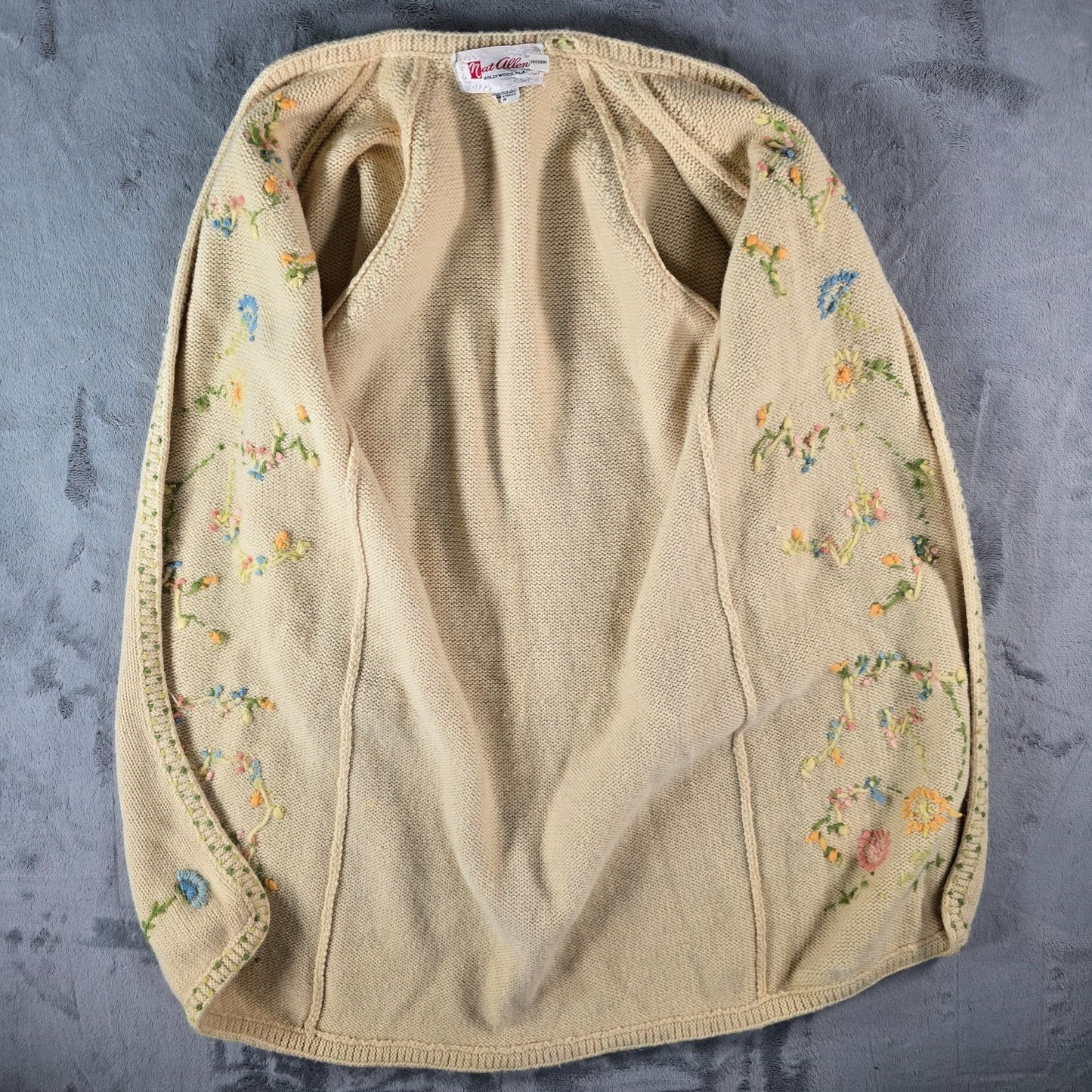 Vintage 1970s Nat Allen Women's Virgin Wool Hand Embroidered Floral Cardigan