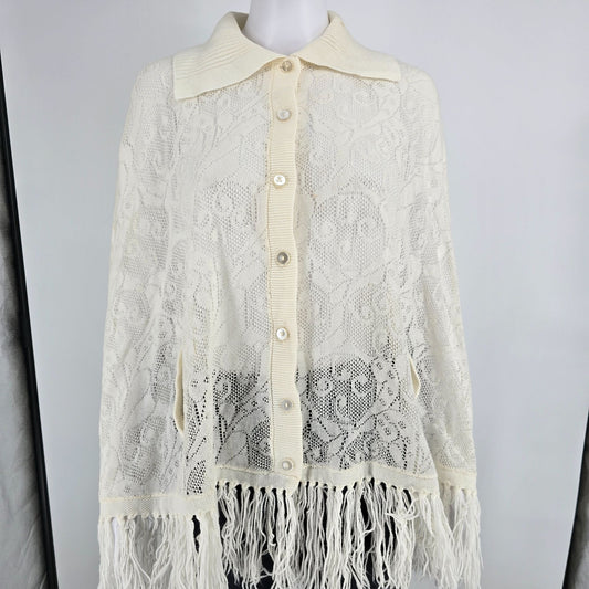 Vintage 1970s Ben Goodman-Nethe Ivory Lace Knit Button-Front Arm Slit Cape (OS)