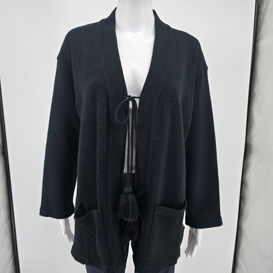 Vintage 1980s Knitivo II Women's Black Acrylic Open Front Cardigan Sweater (L)