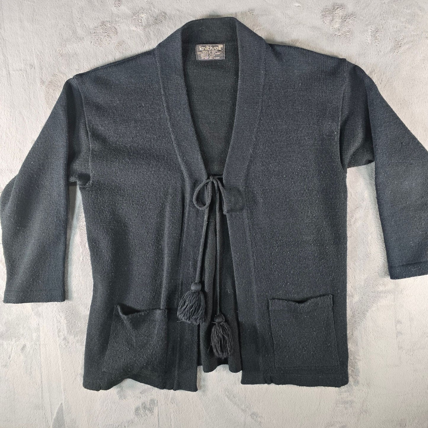 Vintage 1980s Knitivo II Women's Black Acrylic Open Front Cardigan Sweater (L)