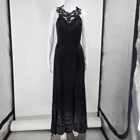 Vintage 1980s Blondie and Me Evening Black Lace Open Back Maxi Gown Dress (XS)