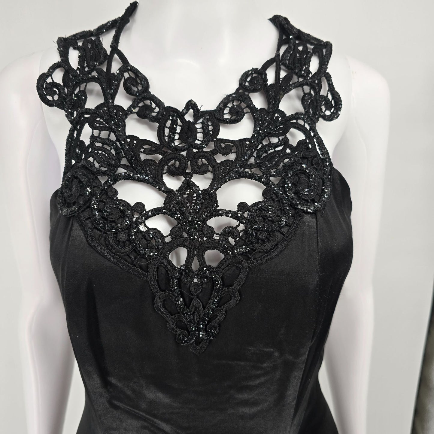 Vintage 1980s Blondie and Me Evening Black Lace Open Back Maxi Gown Dress (XS)