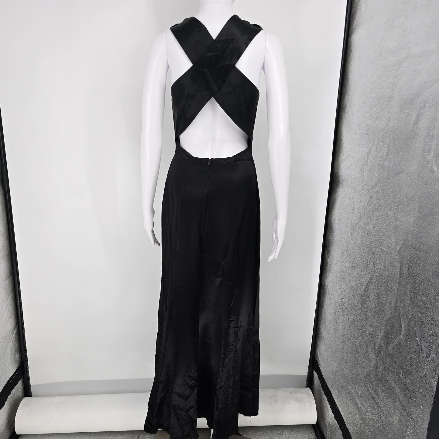 Vintage 1980s Blondie and Me Evening Black Lace Open Back Maxi Gown Dress (XS)