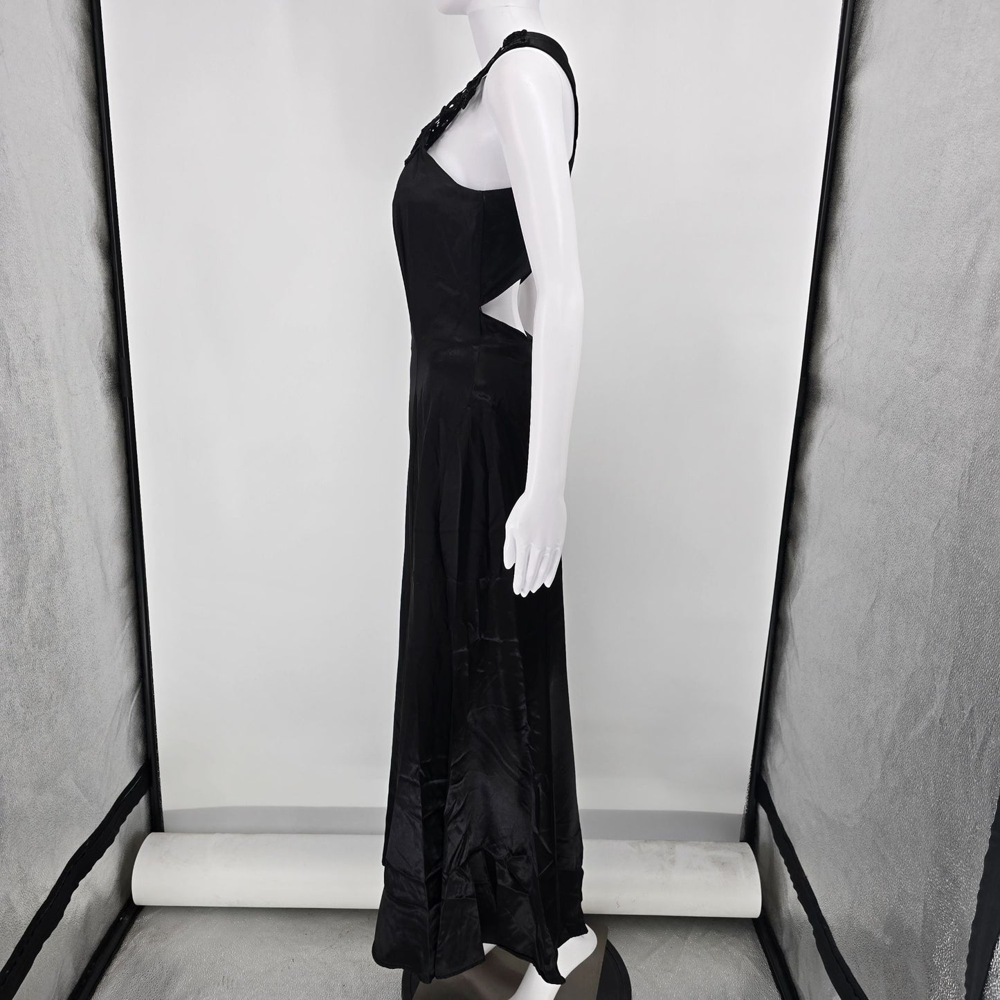 Vintage 1980s Blondie and Me Evening Black Lace Open Back Maxi Gown Dress (XS)