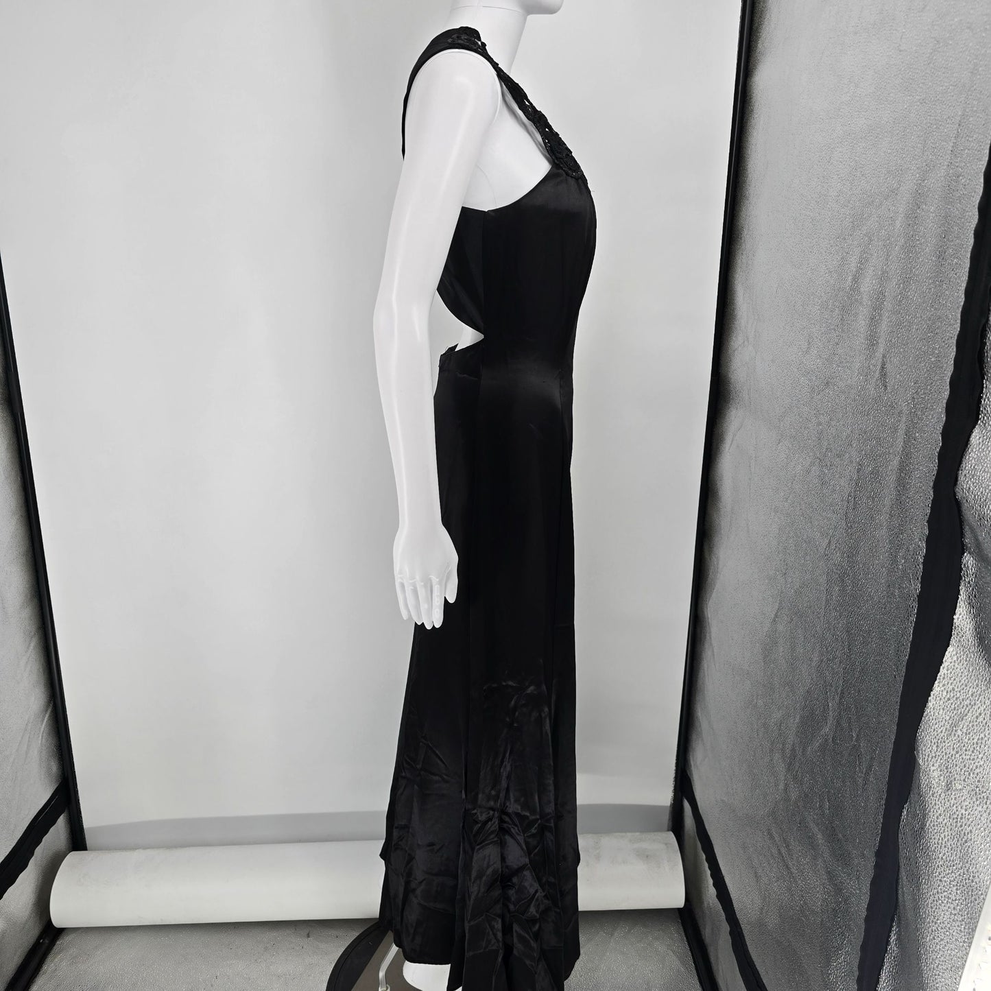 Vintage 1980s Blondie and Me Evening Black Lace Open Back Maxi Gown Dress (XS)