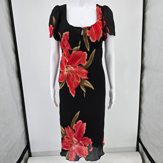 Vintage Y2K Marla Kim Black/Red Floral Lily Pattern Cap Sleeve Midi Dress (M)