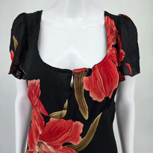 Vintage Y2K Marla Kim Black/Red Floral Lily Pattern Cap Sleeve Midi Dress (M)