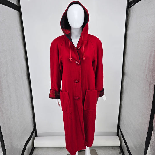 Vintage 1970s Suz-ette Fashions/Spuncraft Red Wool Blend Hooded Duffle Coat (L)