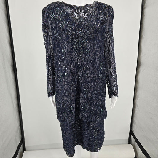 Vintage Late 1980s Unbranded Navy-Blue Rayon Sheer Beaded Sequin Dress (Small)