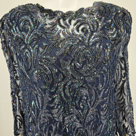 Vintage Late 1980s Unbranded Navy-Blue Rayon Sheer Beaded Sequin Dress (Small)
