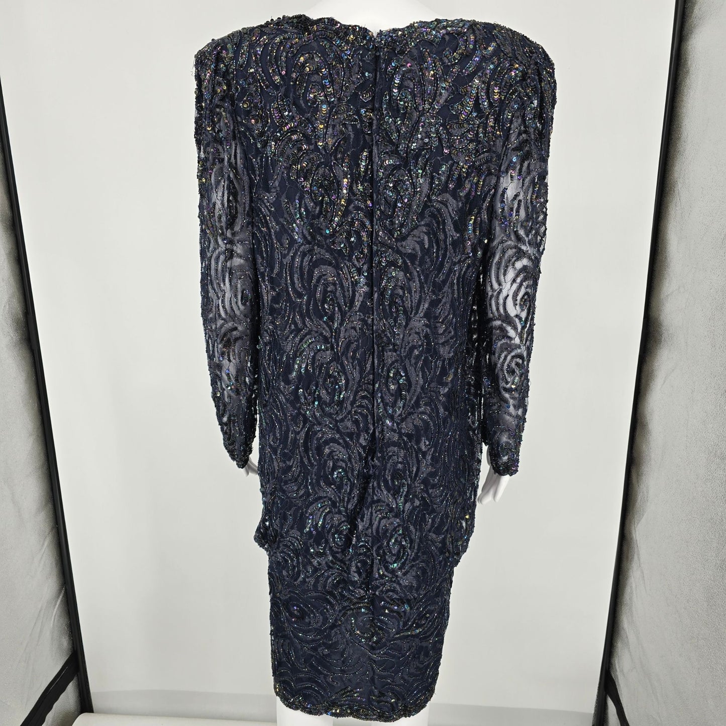 Vintage Late 1980s Unbranded Navy-Blue Rayon Sheer Beaded Sequin Dress (Small)