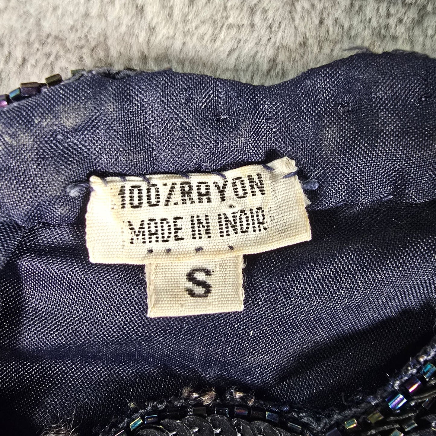 Vintage Late 1980s Unbranded Navy-Blue Rayon Sheer Beaded Sequin Dress (Small)