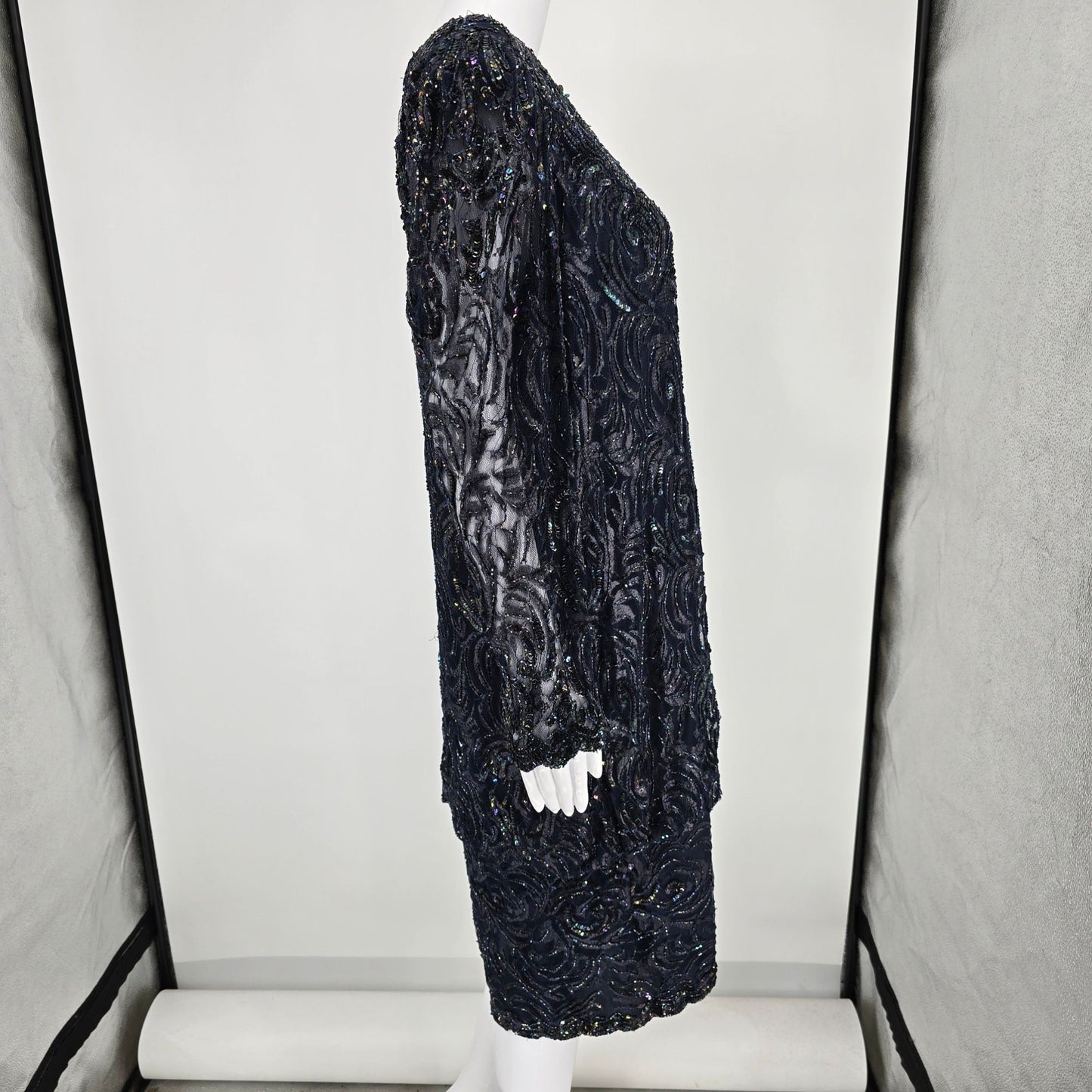 Vintage Late 1980s Unbranded Navy-Blue Rayon Sheer Beaded Sequin Dress (Small)