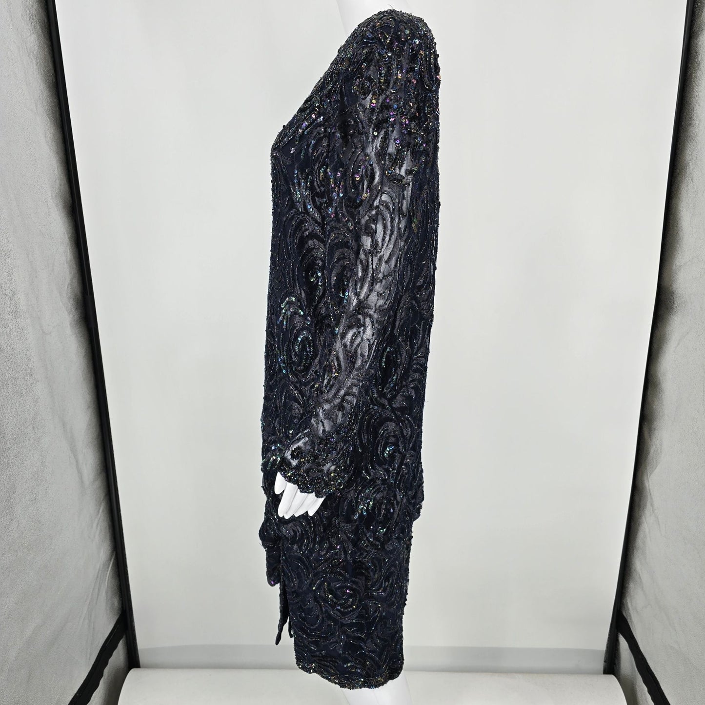 Vintage Late 1980s Unbranded Navy-Blue Rayon Sheer Beaded Sequin Dress (Small)