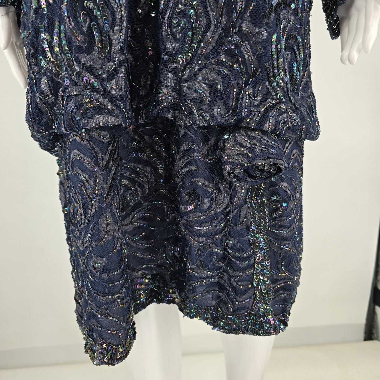 Vintage Late 1980s Unbranded Navy-Blue Rayon Sheer Beaded Sequin Dress (Small)