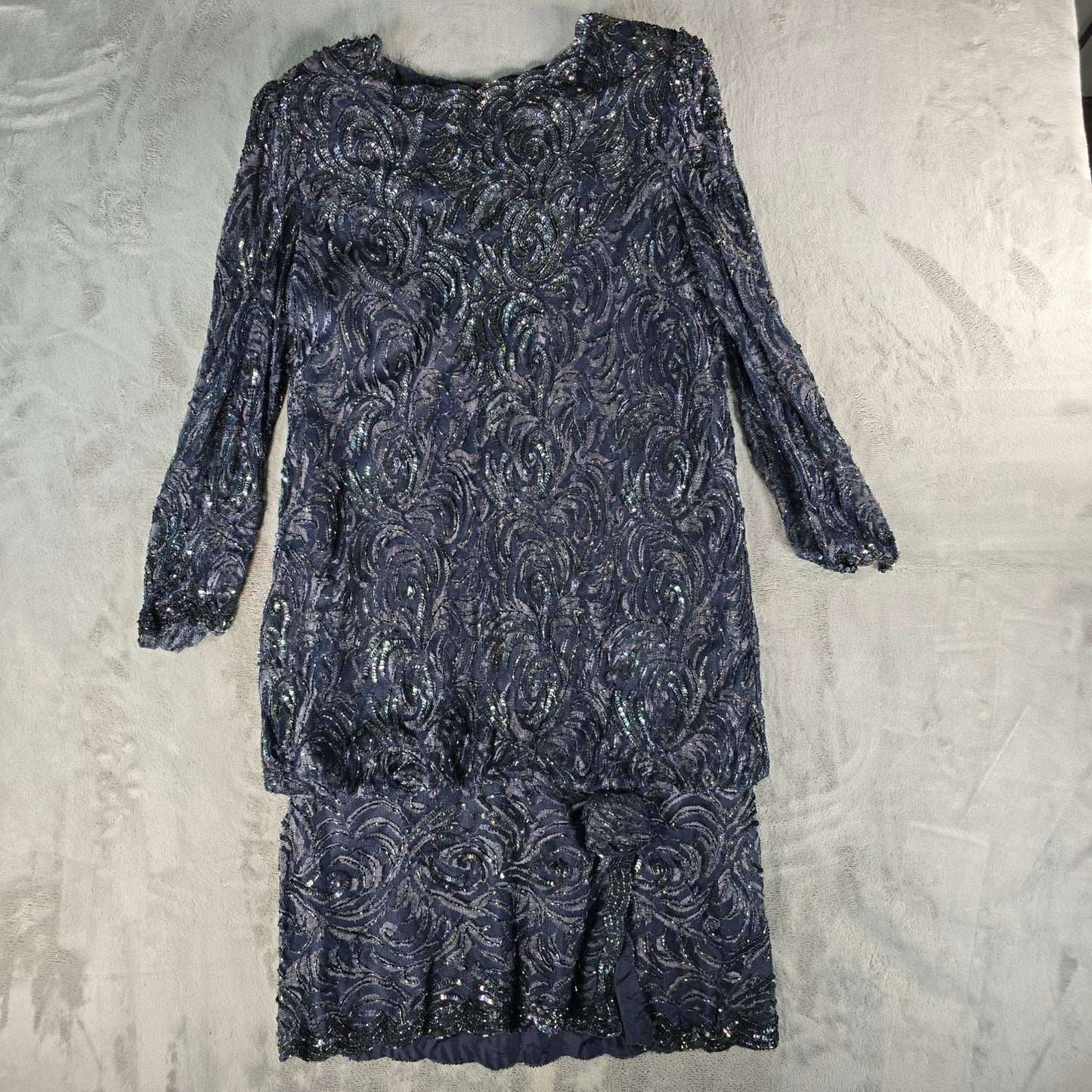 Vintage Late 1980s Unbranded Navy-Blue Rayon Sheer Beaded Sequin Dress (Small)