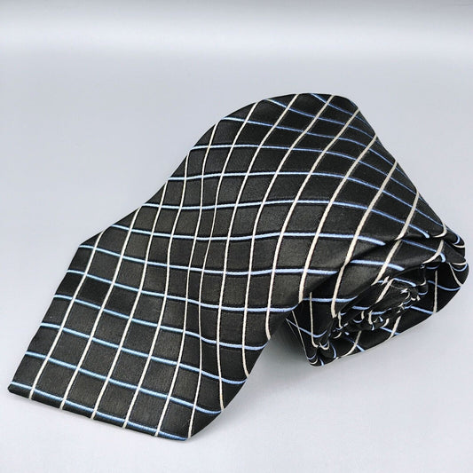 Claiborne Mens Black, Blue, and White Grid Pattern Textured 100% Silk Necktie