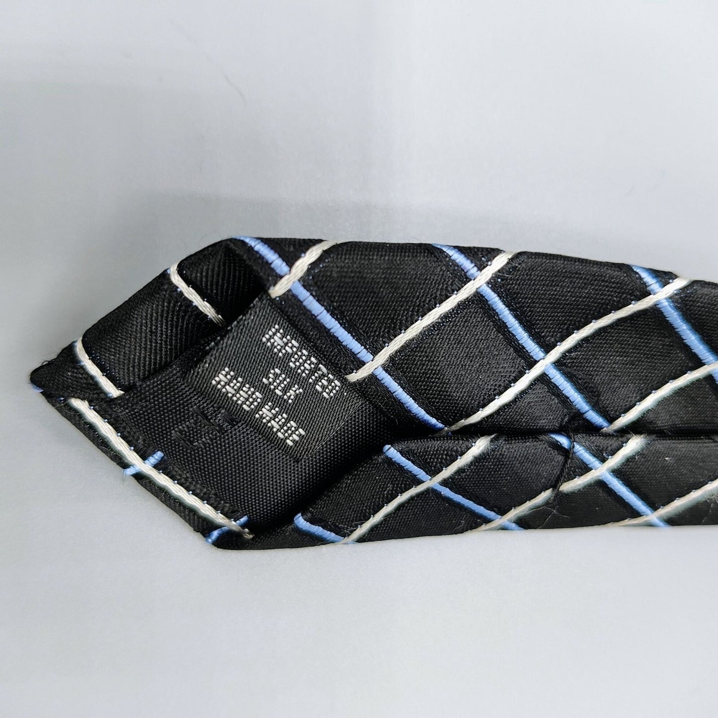 Claiborne Mens Black, Blue, and White Grid Pattern Textured 100% Silk Necktie