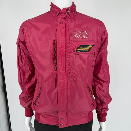 Vintage 1980s Style Auto Carrera Design Synthwave Nylon Windbreaker Jacket (L)