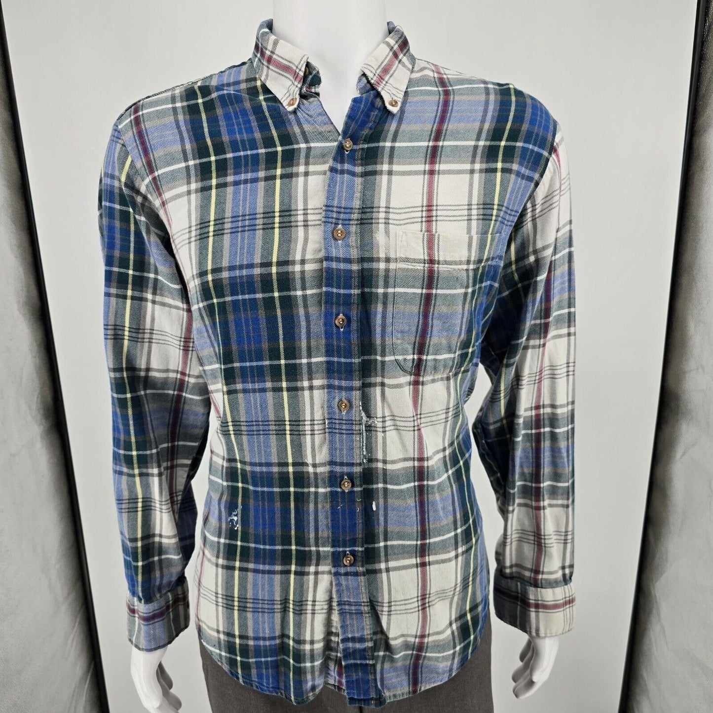 Vintage Distressed 1990s Goody's GFC Trading Co. Blue Plaid Flannel Shirt (L)