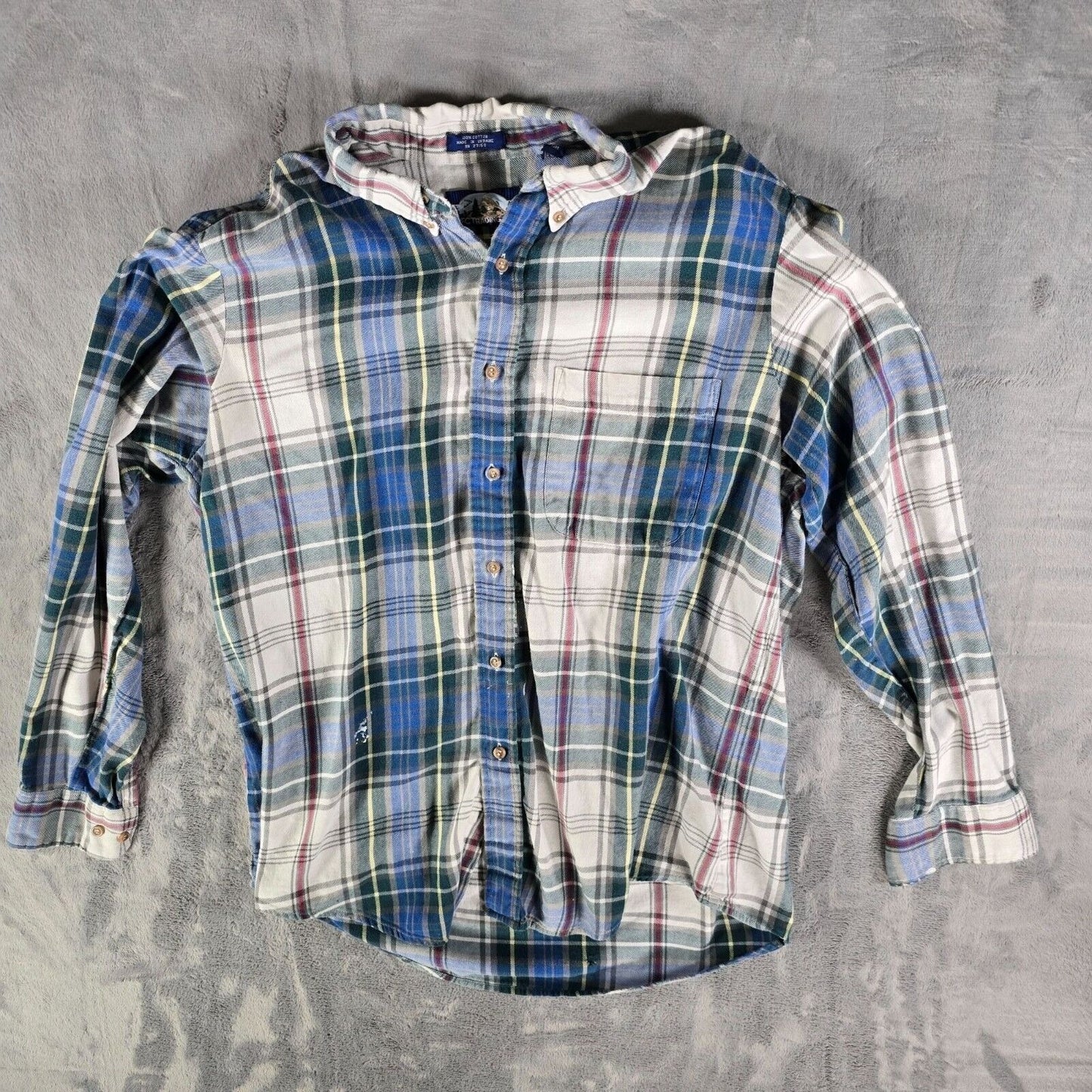 Vintage Distressed 1990s Goody's GFC Trading Co. Blue Plaid Flannel Shirt (L)