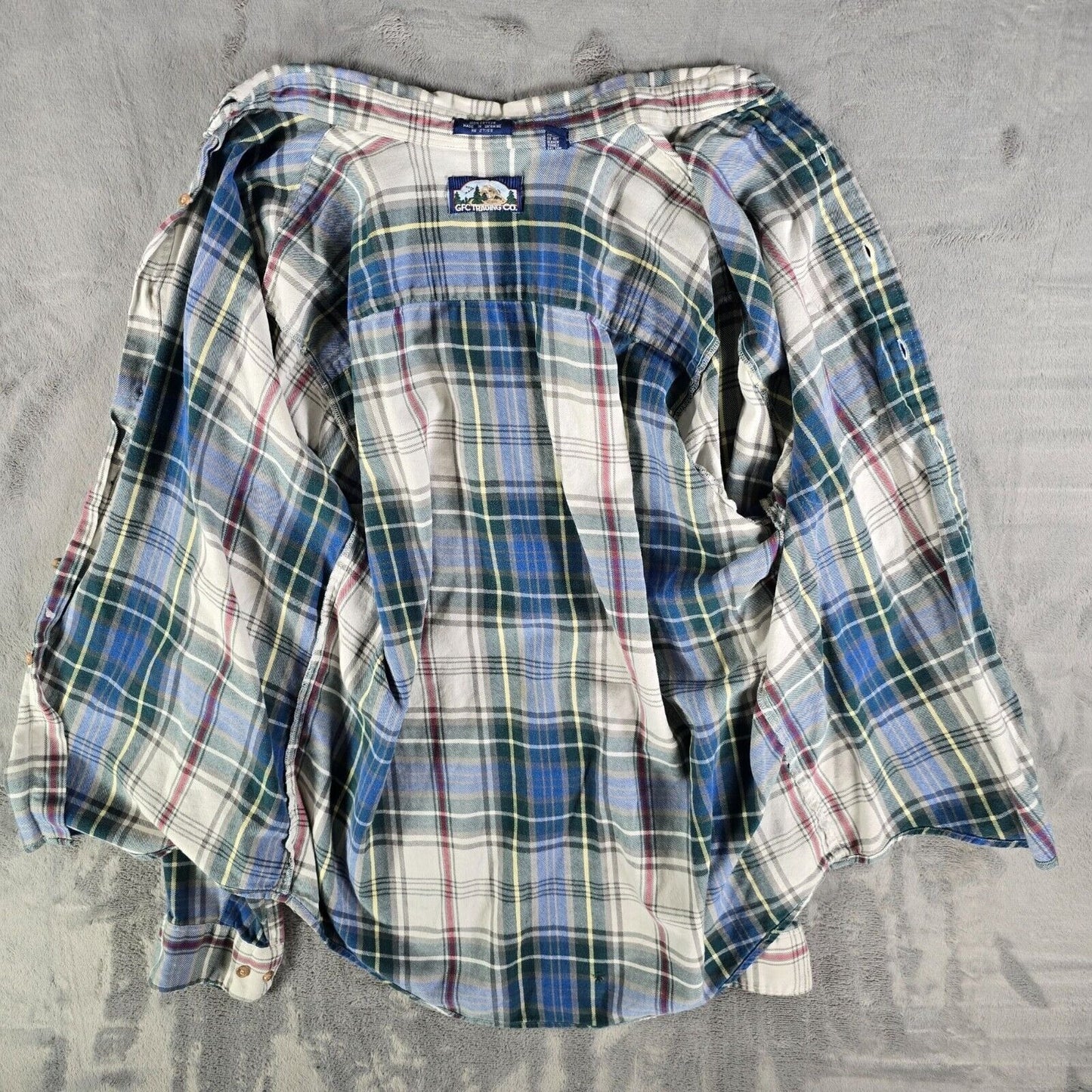 Vintage Distressed 1990s Goody's GFC Trading Co. Blue Plaid Flannel Shirt (L)