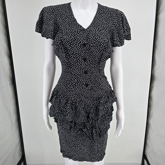 Vintage 1990s Audrey Celine Black/White Dot Print Shirtwaist Day Dress (XS)