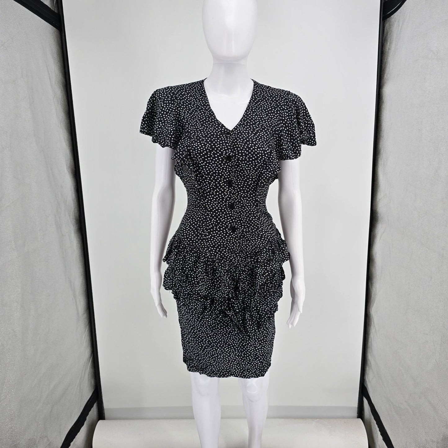 Vintage 1990s Audrey Celine Black/White Dot Print Shirtwaist Day Dress (XS)
