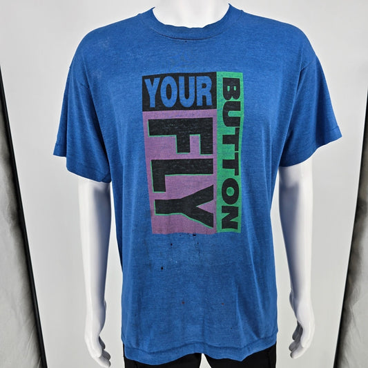 Distressed Vintage 1990s Fruit of the Loom "Button Your Fly" Promo T-Shirt (XL)