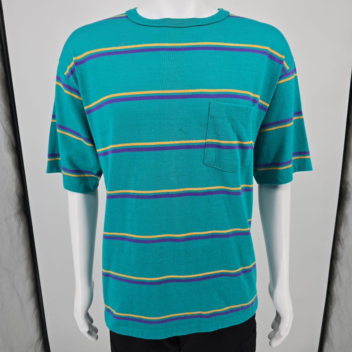 Vintage 1990s Wentworth Made in USA Teal Striped Polycotton Pocket T-Shirt (XL)