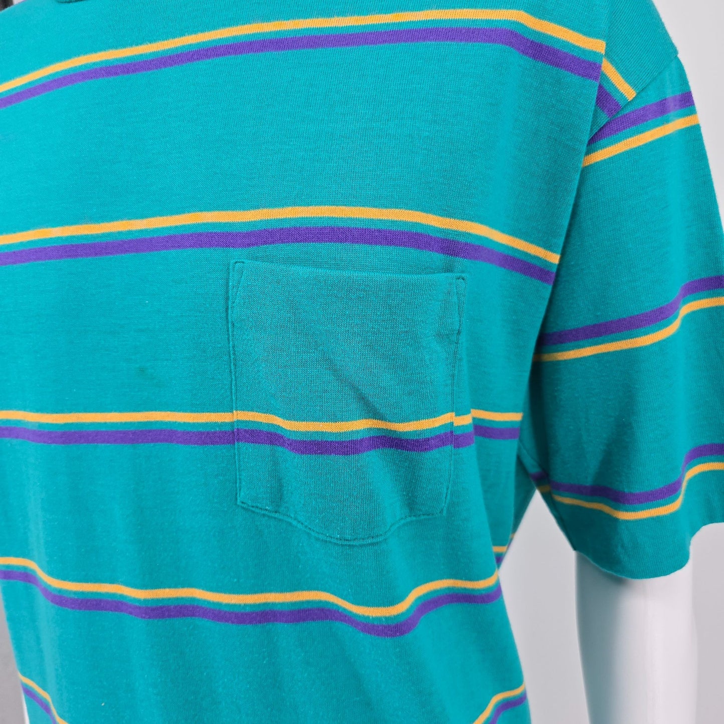 Vintage 1990s Wentworth Made in USA Teal Striped Polycotton Pocket T-Shirt (XL)