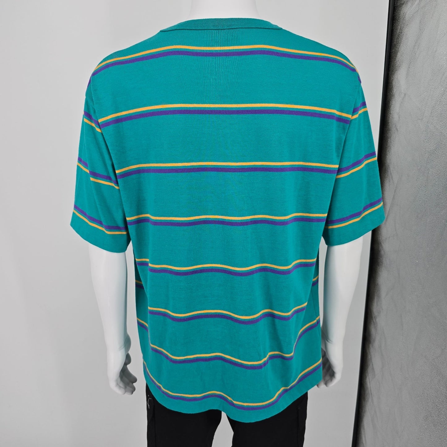 Vintage 1990s Wentworth Made in USA Teal Striped Polycotton Pocket T-Shirt (XL)