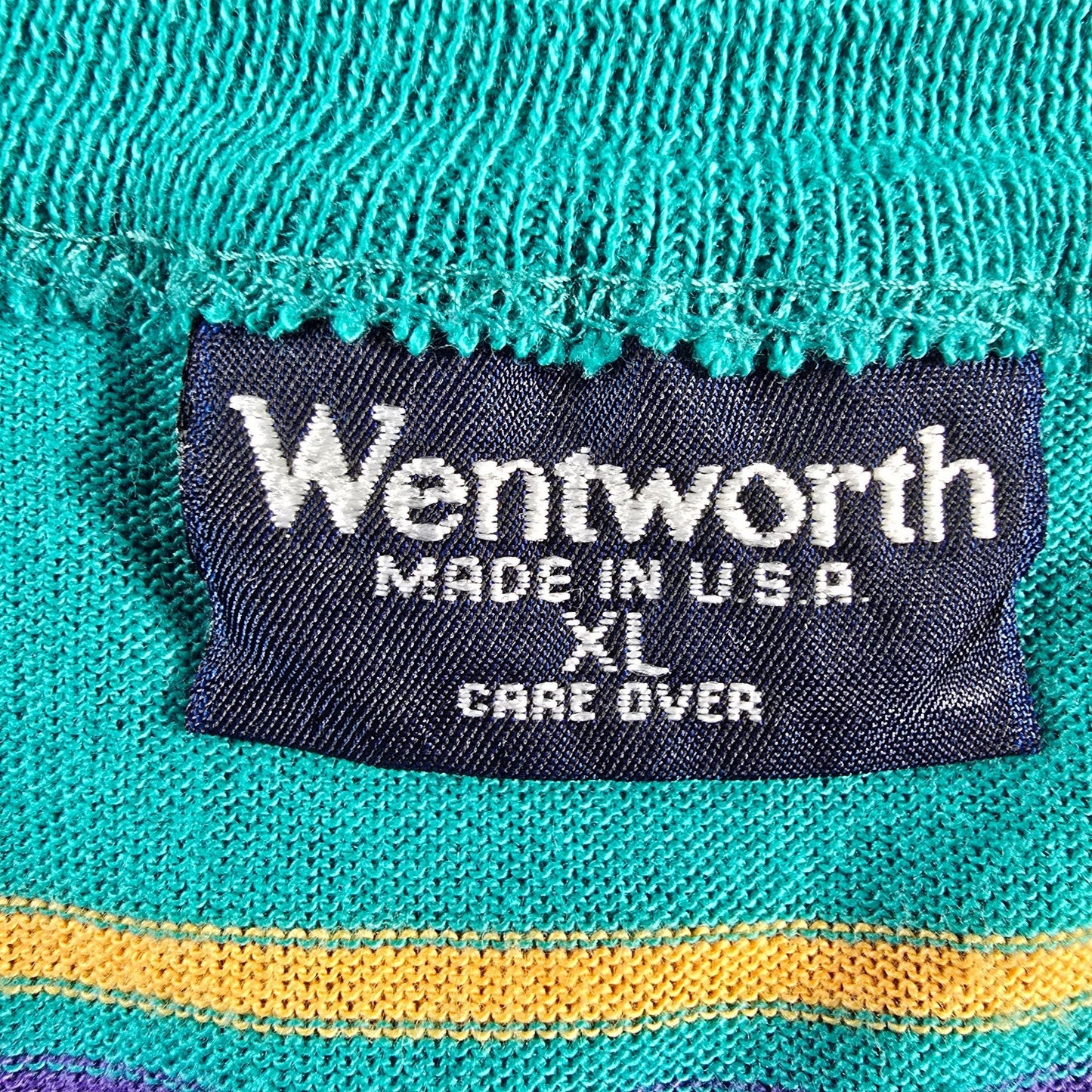 Vintage 1990s Wentworth Made in USA Teal Striped Polycotton Pocket T-Shirt (XL)