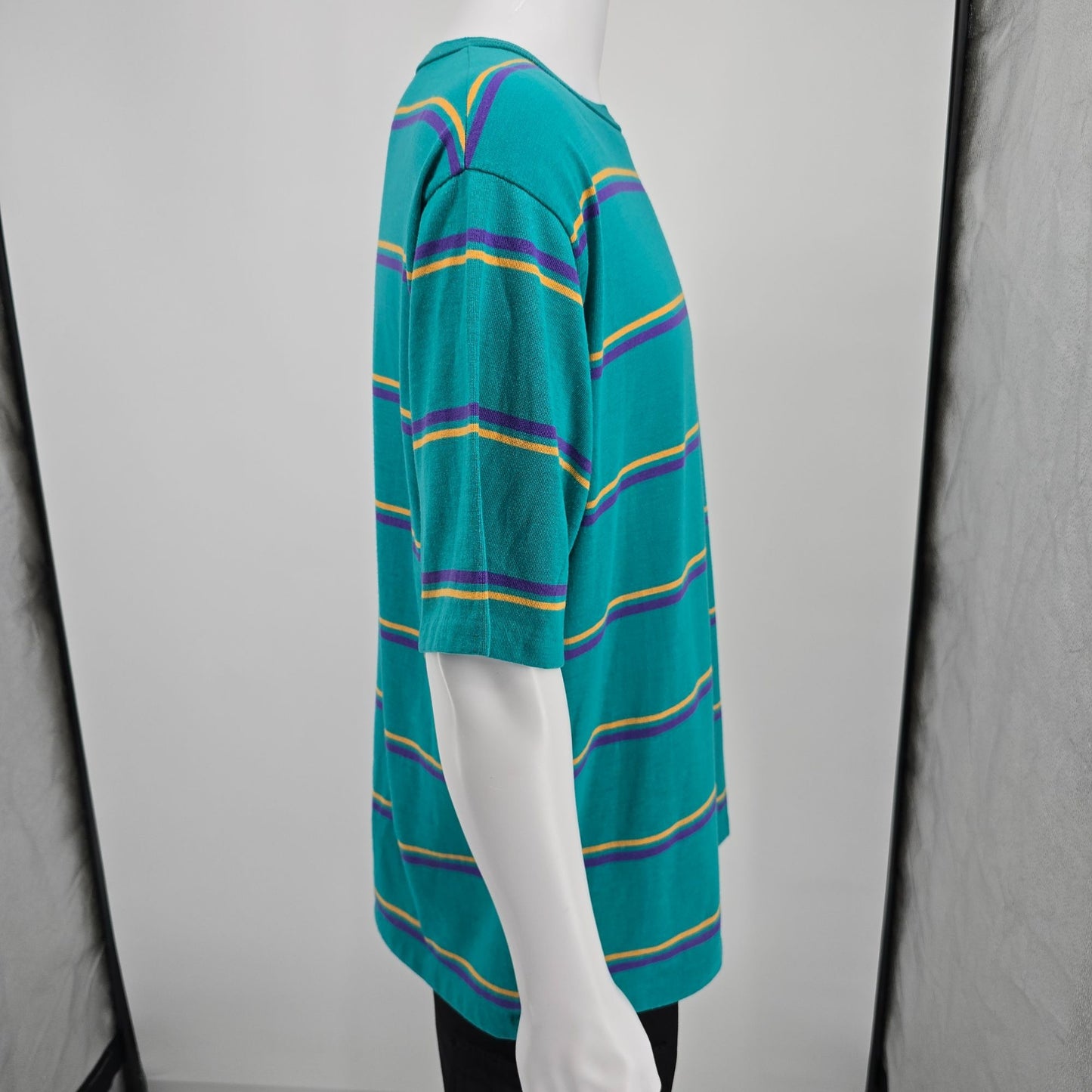 Vintage 1990s Wentworth Made in USA Teal Striped Polycotton Pocket T-Shirt (XL)