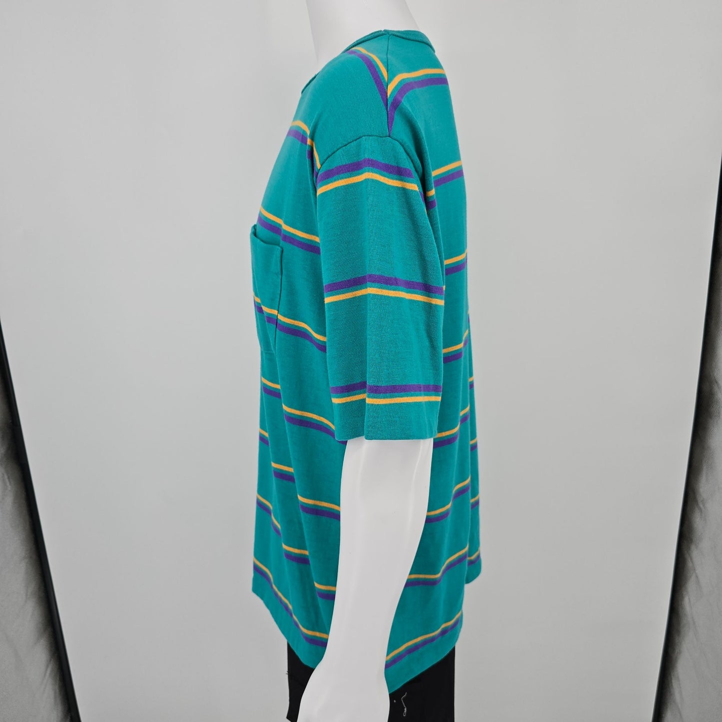Vintage 1990s Wentworth Made in USA Teal Striped Polycotton Pocket T-Shirt (XL)