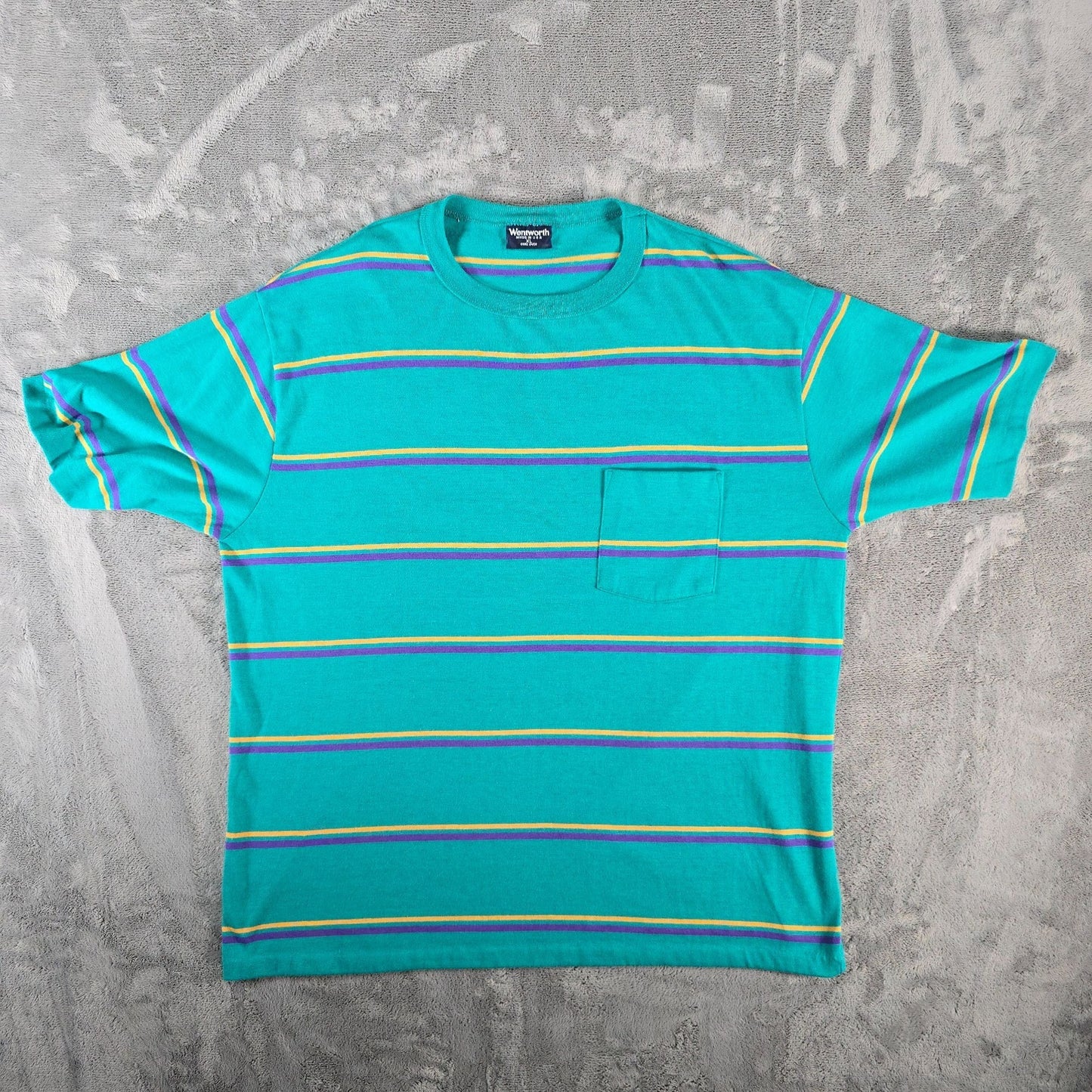 Vintage 1990s Wentworth Made in USA Teal Striped Polycotton Pocket T-Shirt (XL)
