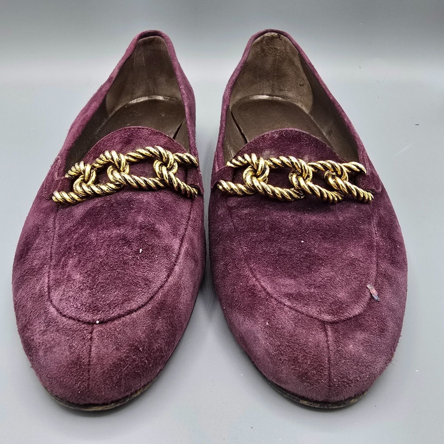 Bruno Magli Made in Italy Women's Purple Suede Gold Tone Chain Loafers (6.5B)