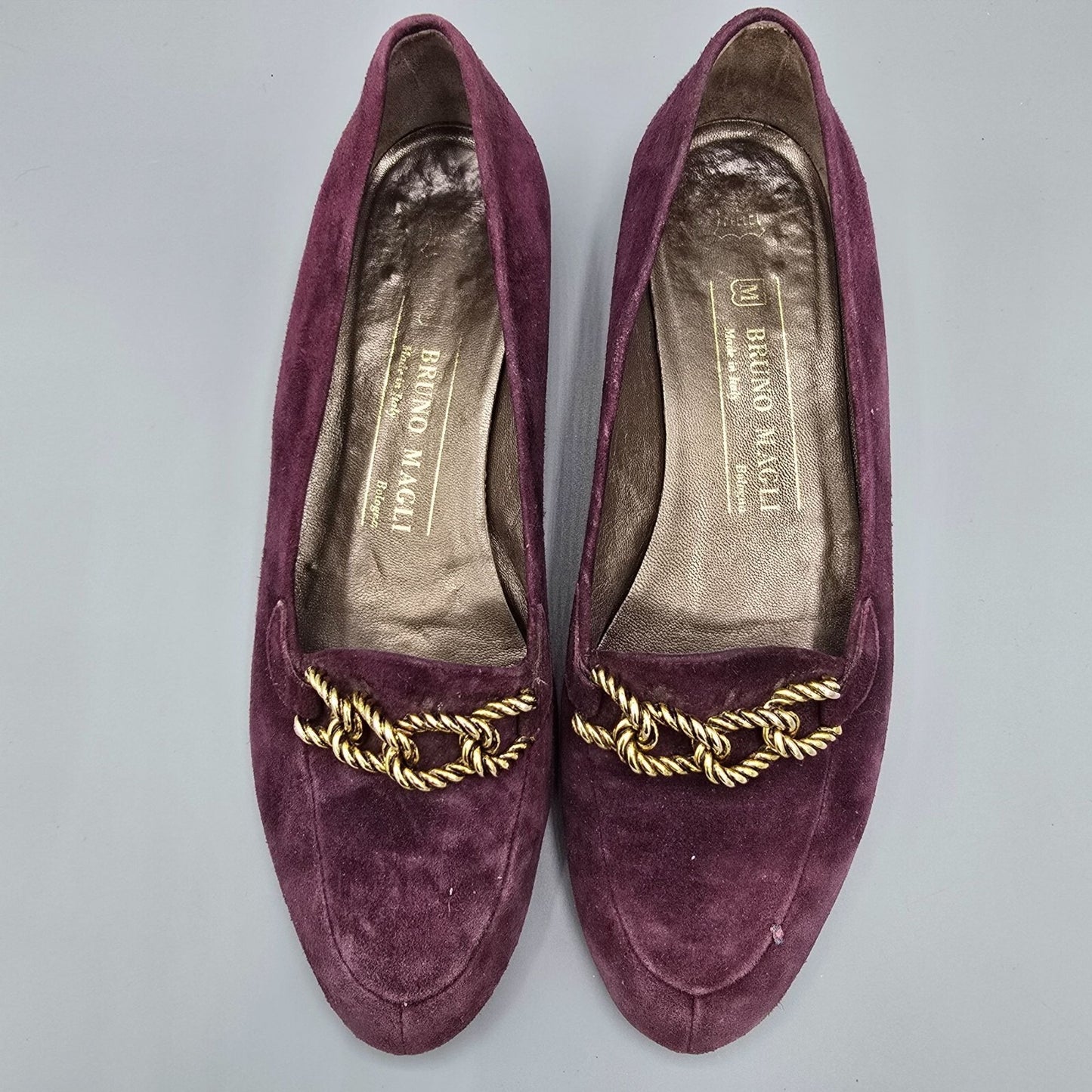 Bruno Magli Made in Italy Women's Purple Suede Gold Tone Chain Loafers (6.5B)