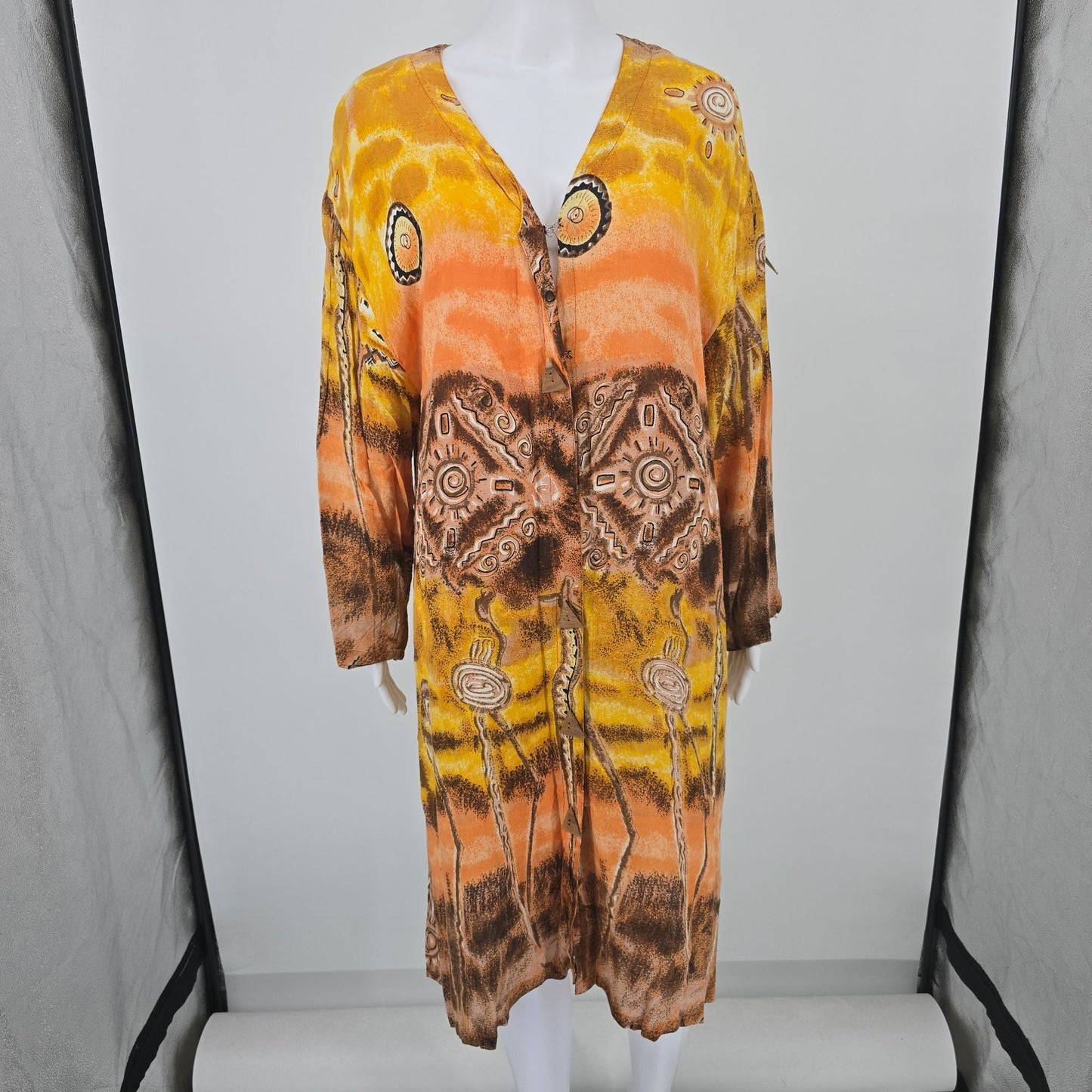 Vintage 1990s Gunit Fashions New York Rayon Open-Front Caftan Midi Dress (L)
